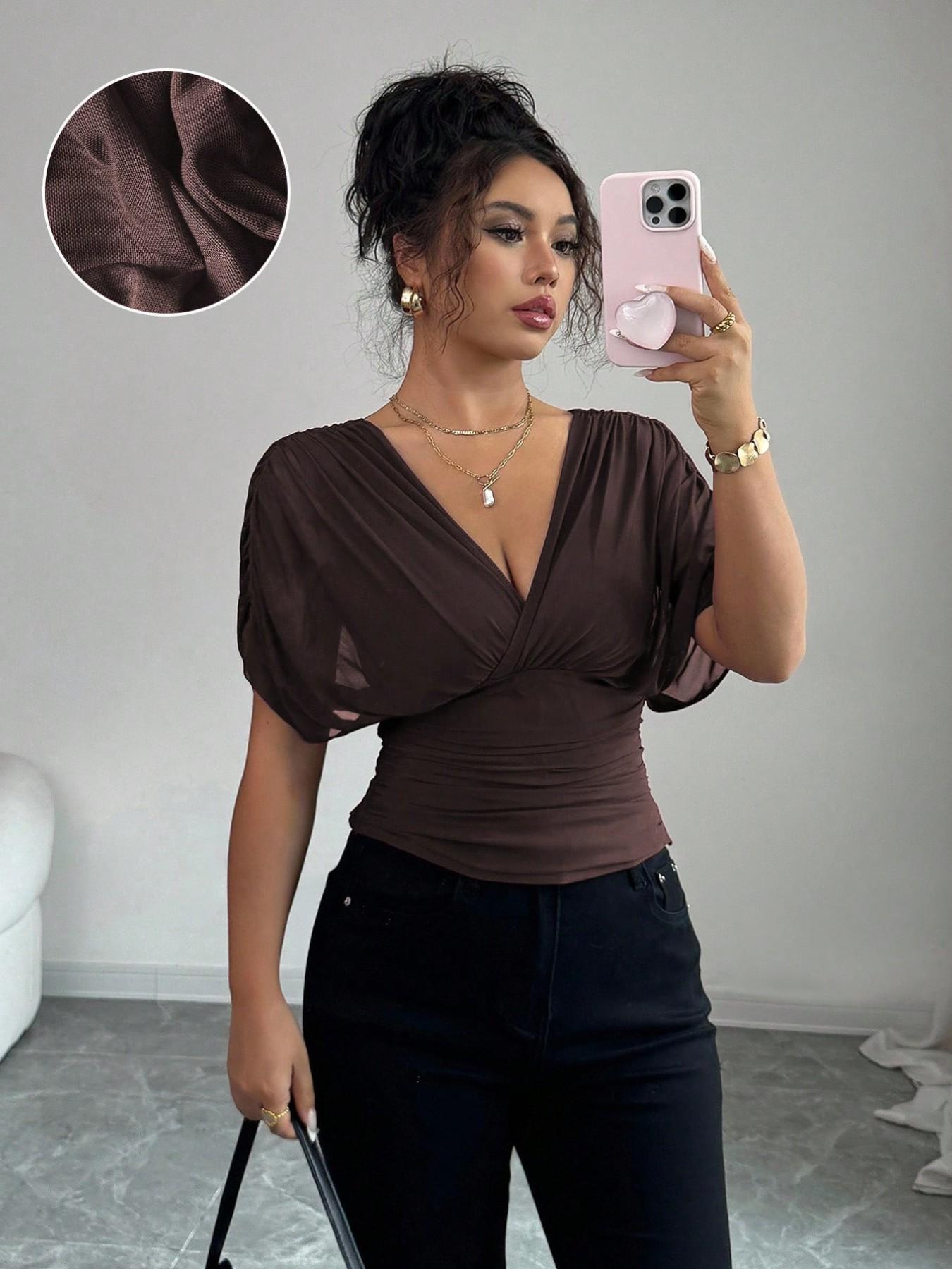 Women's V Neck Ruched Slim Fit Solid Color Blouse
