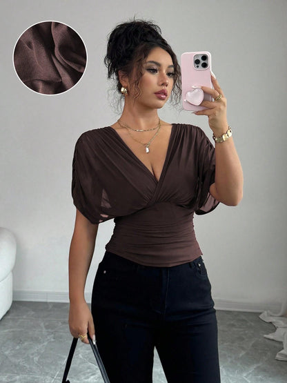 Women's V Neck Ruched Slim Fit Solid Color Blouse