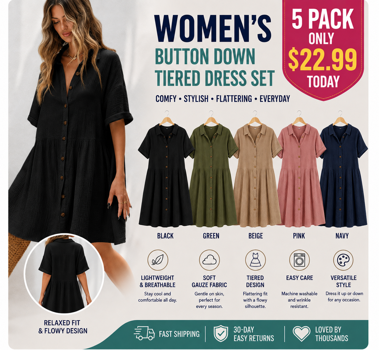 Shirt Neck Short Sleeve Button Midi Dress
