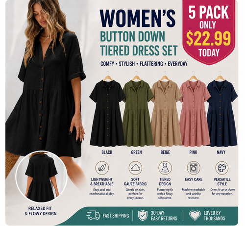 Shirt Neck Short Sleeve Button Midi Dress