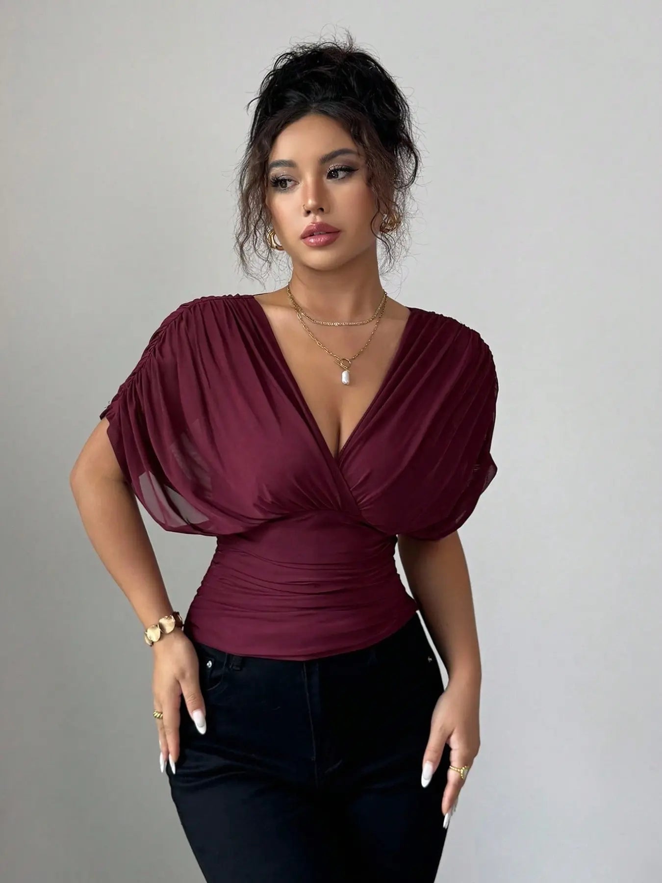 Women's V Neck Ruched Slim Fit Solid Color Blouse