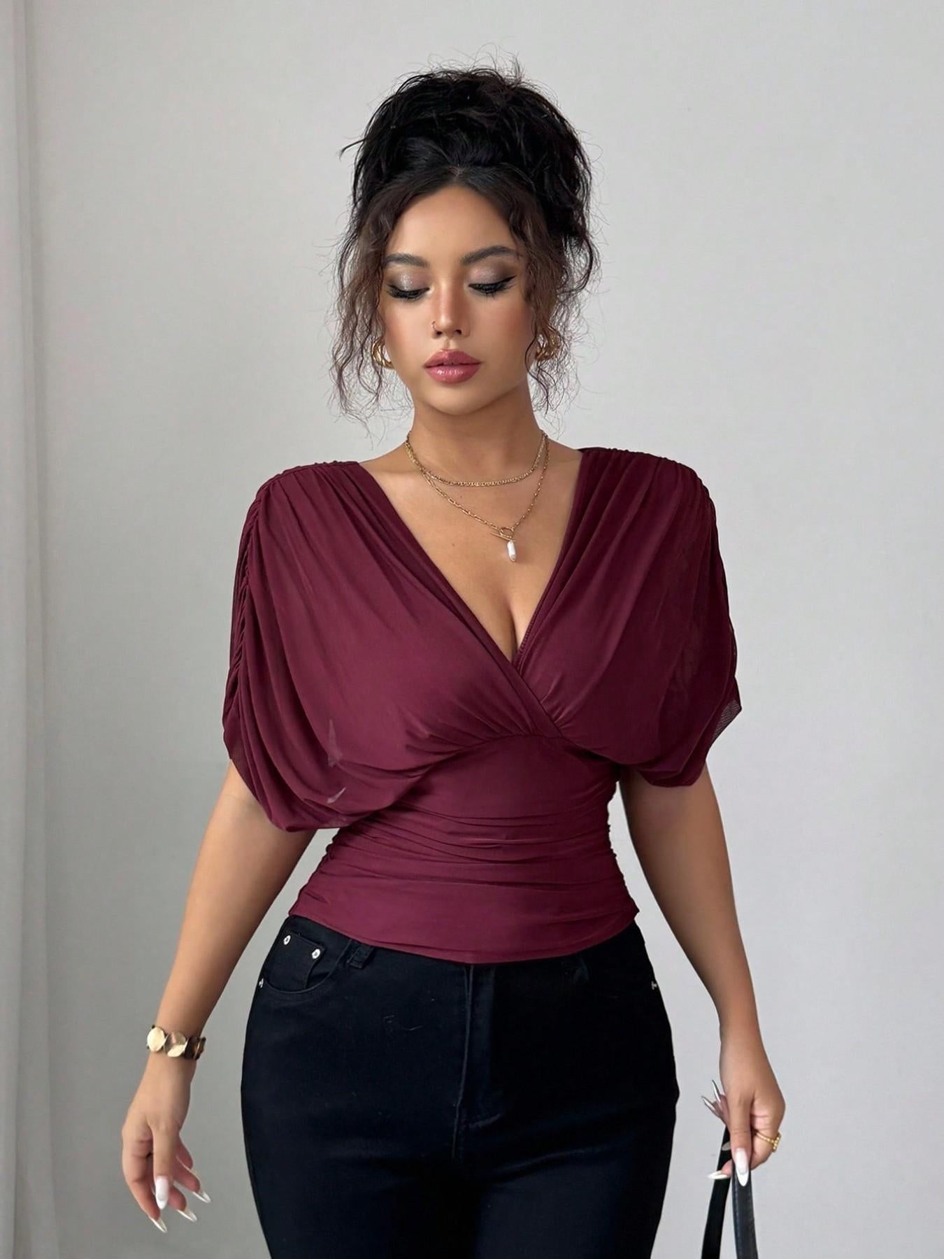 Women's V Neck Ruched Slim Fit Solid Color Blouse