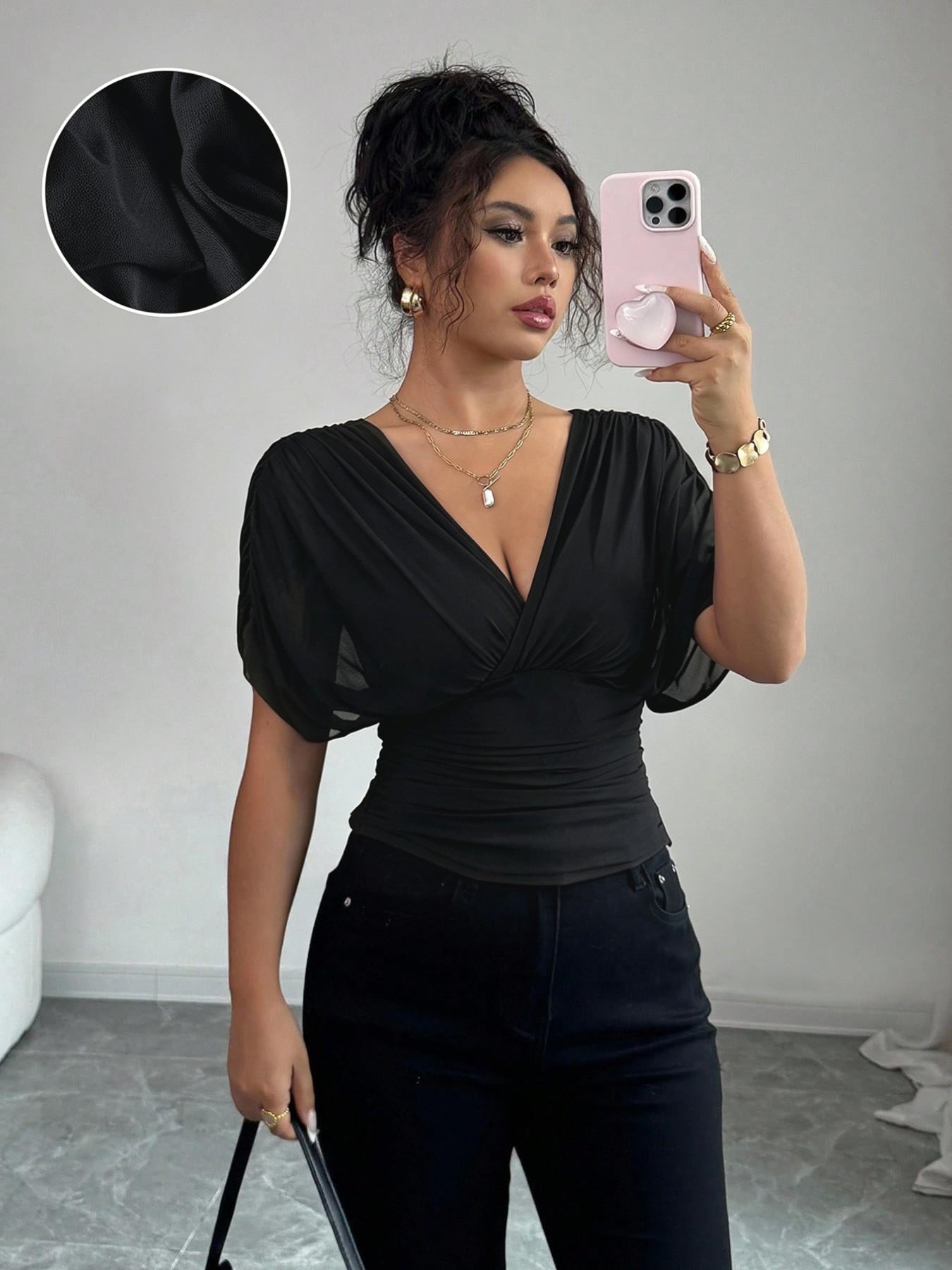 Women's V Neck Ruched Slim Fit Solid Color Blouse