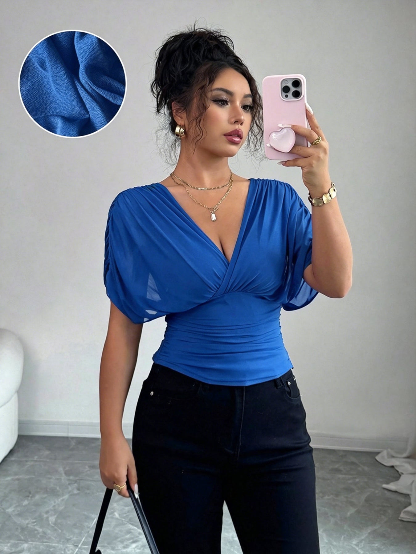 Women's V Neck Ruched Slim Fit Solid Color Blouse