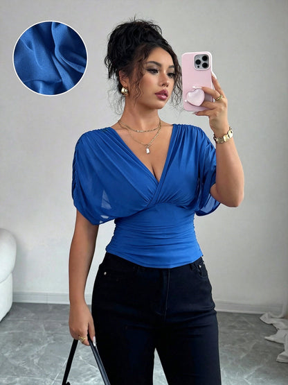 Women's V Neck Ruched Slim Fit Solid Color Blouse