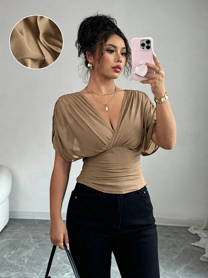 Women's V Neck Ruched Slim Fit Solid Color Blouse