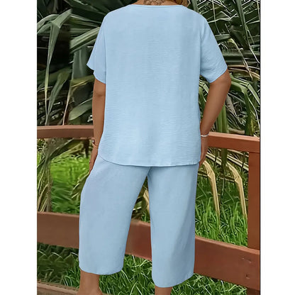 ❤️Women's Solid Short Sleeve Top & Loose Wide Leg Pants 2-Piece Set