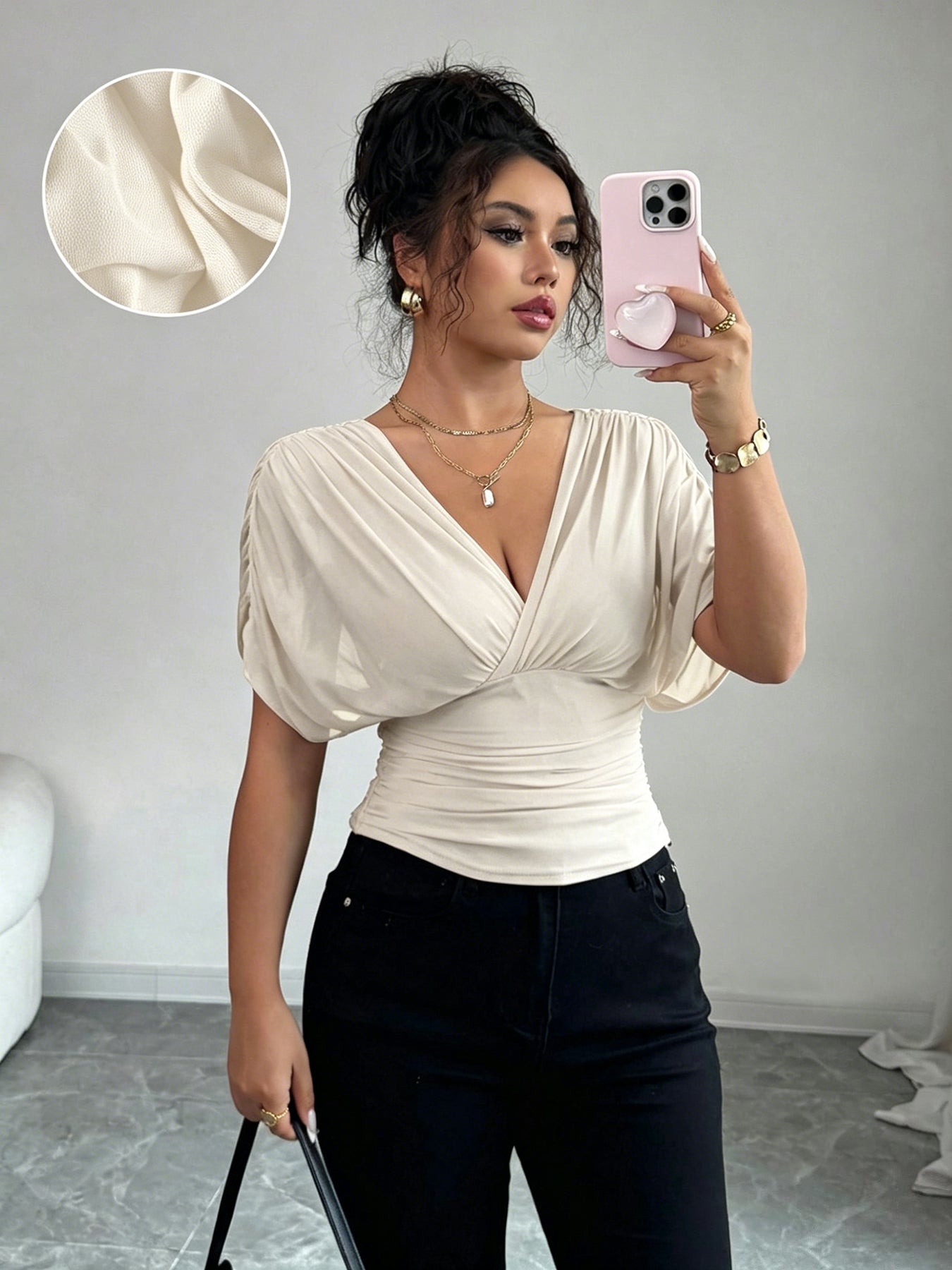 Women's V Neck Ruched Slim Fit Solid Color Blouse