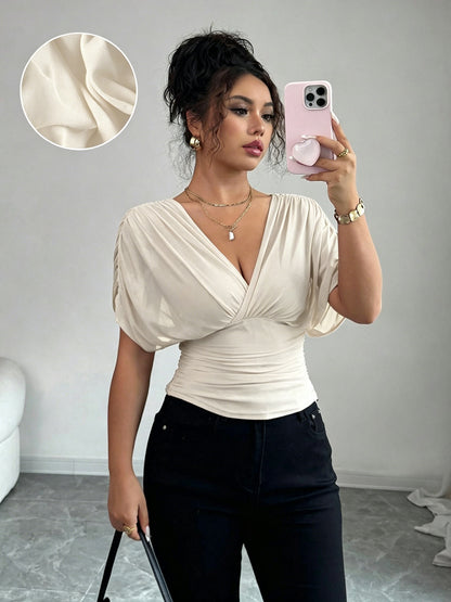 Women's V Neck Ruched Slim Fit Solid Color Blouse