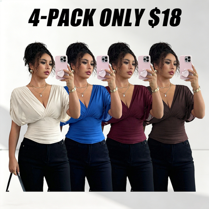 Women's V Neck Ruched Slim Fit Solid Color Blouse