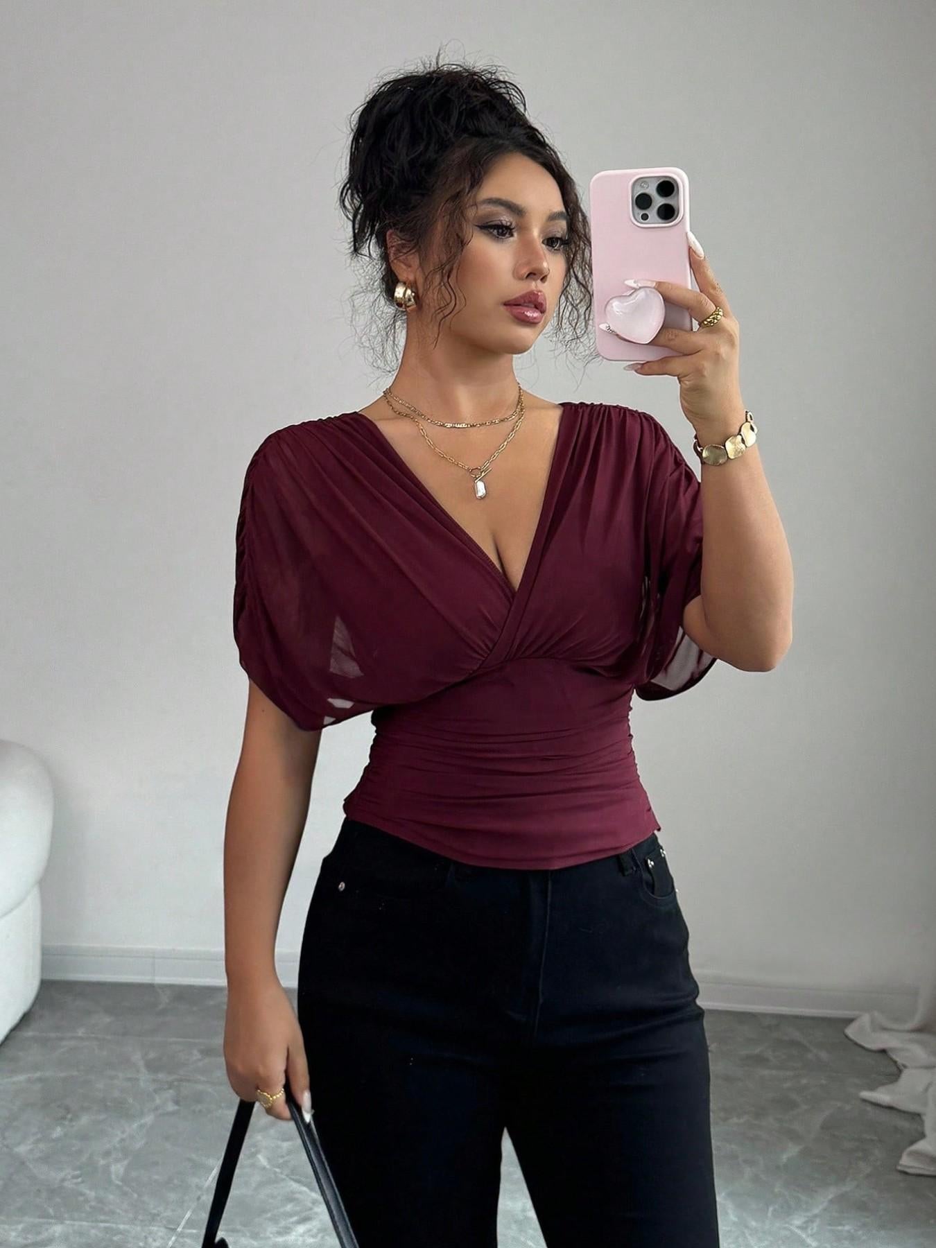 Women's V Neck Ruched Slim Fit Solid Color Blouse