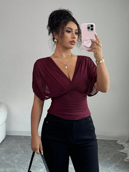 Women's V Neck Ruched Slim Fit Solid Color Blouse
