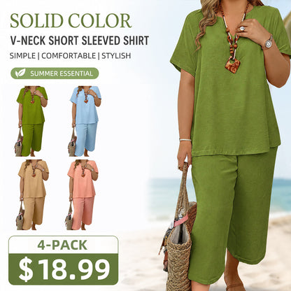 ❤️Women's Solid Short Sleeve Top & Loose Wide Leg Pants 2-Piece Set