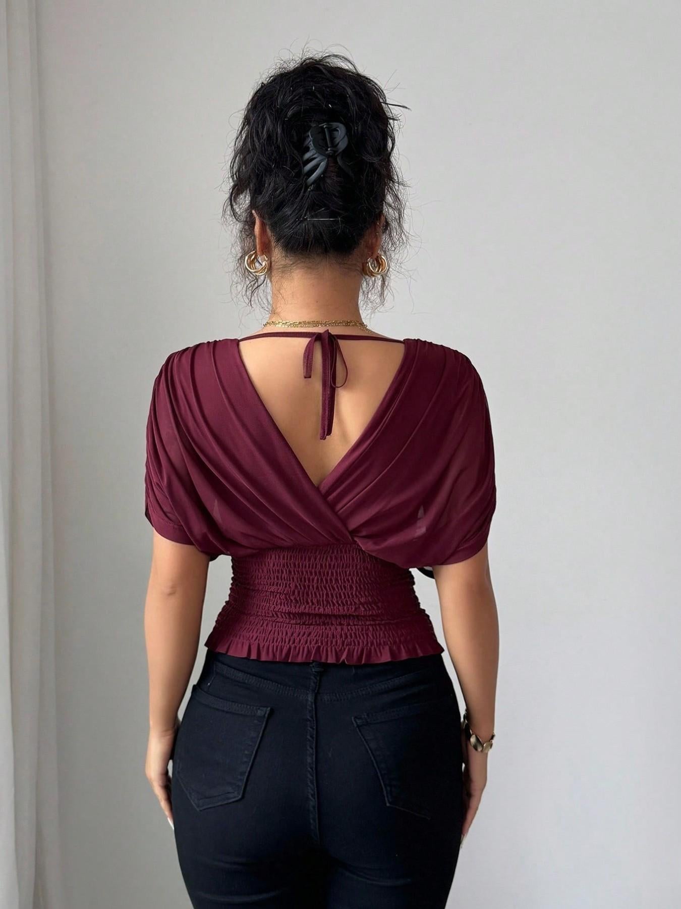 Women's V Neck Ruched Slim Fit Solid Color Blouse