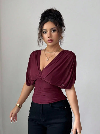 Women's V Neck Ruched Slim Fit Solid Color Blouse