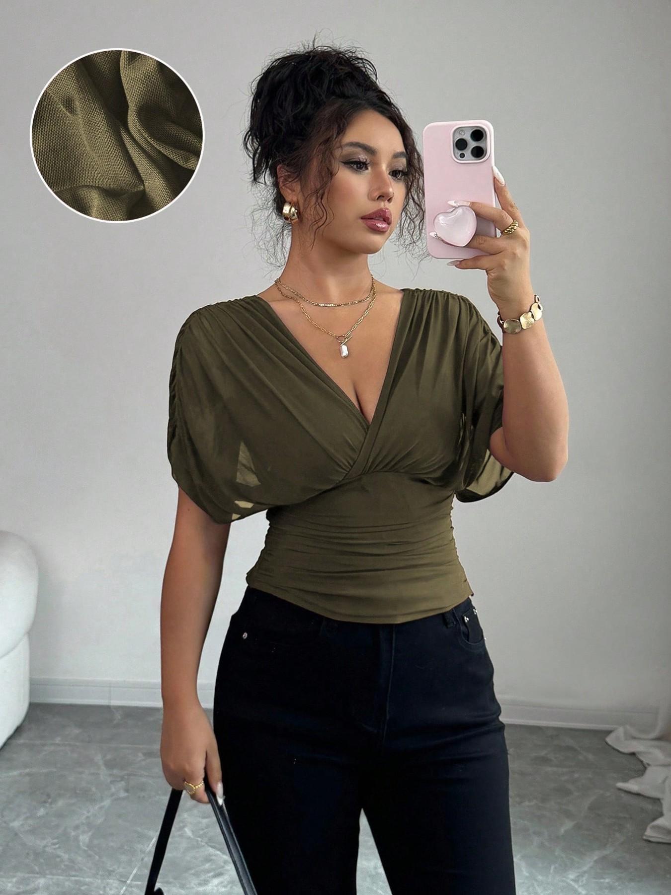 Women's V Neck Ruched Slim Fit Solid Color Blouse