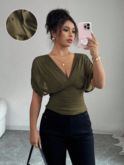 Women's V Neck Ruched Slim Fit Solid Color Blouse