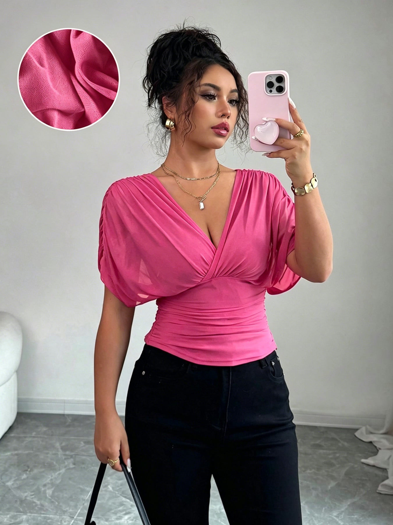 Women's V Neck Ruched Slim Fit Solid Color Blouse