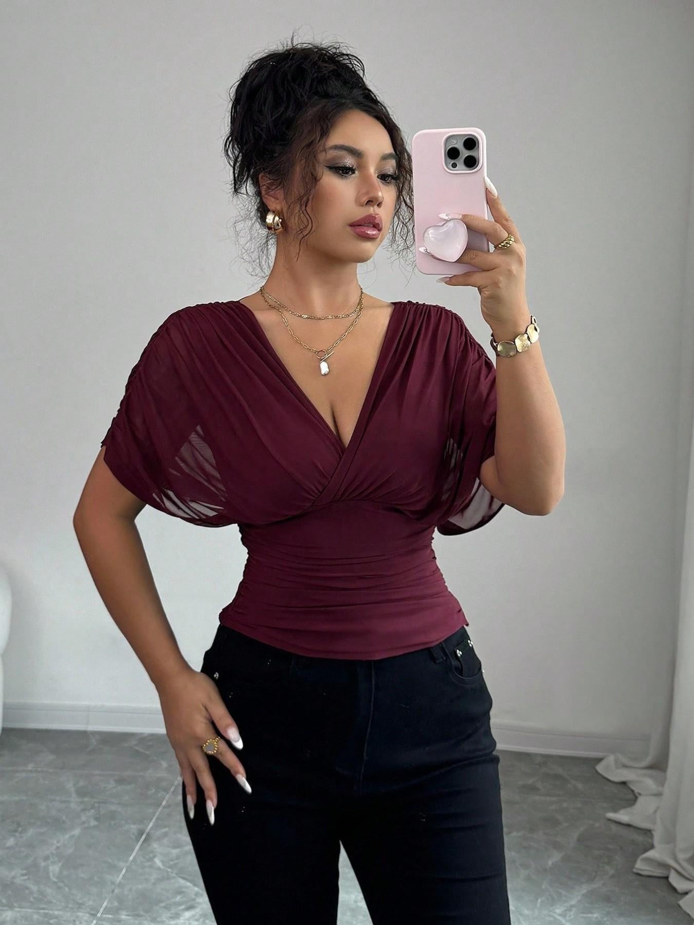Women's V Neck Ruched Slim Fit Solid Color Blouse