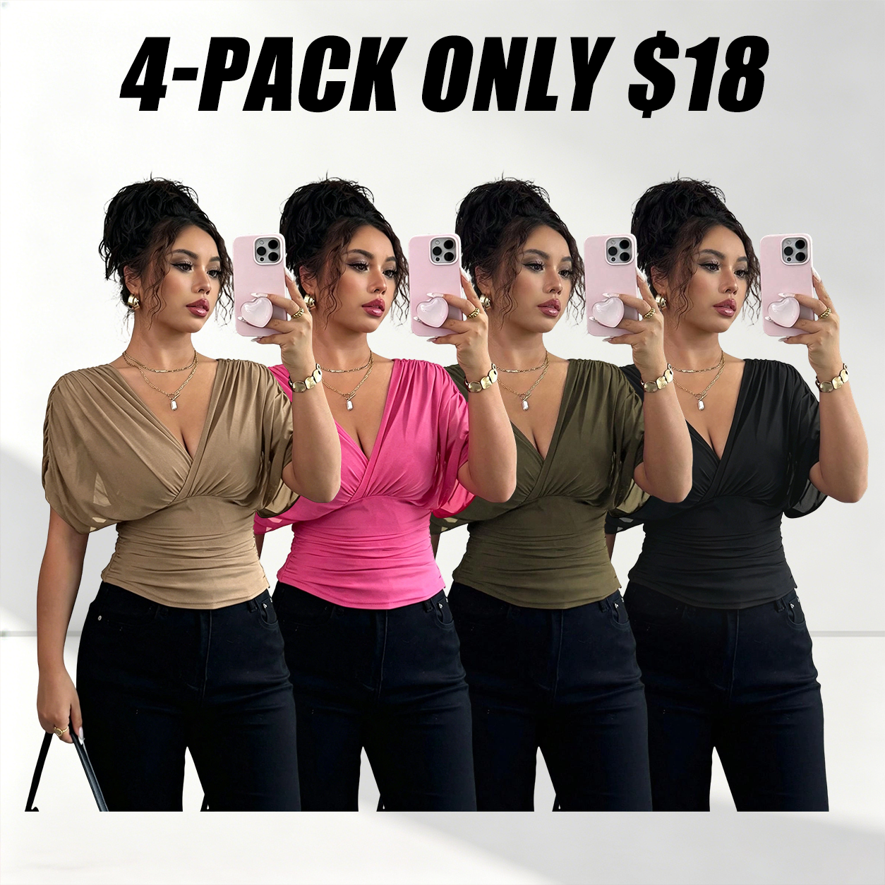 Women's V Neck Ruched Slim Fit Solid Color Blouse