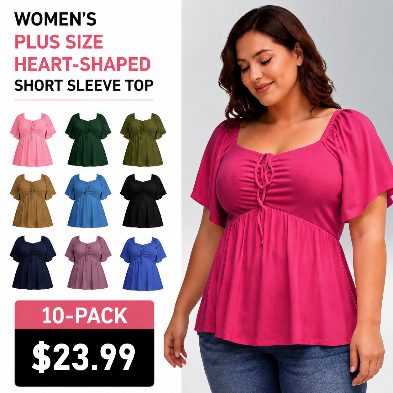 Women's Large-Sized Heart-Shaped Collar Short-Sleeved Ruffled Blouse